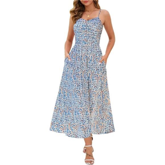 Women Ruched Maxi Dress Adjustable Spaghetti Strap White Blue - Picture 1 of 6